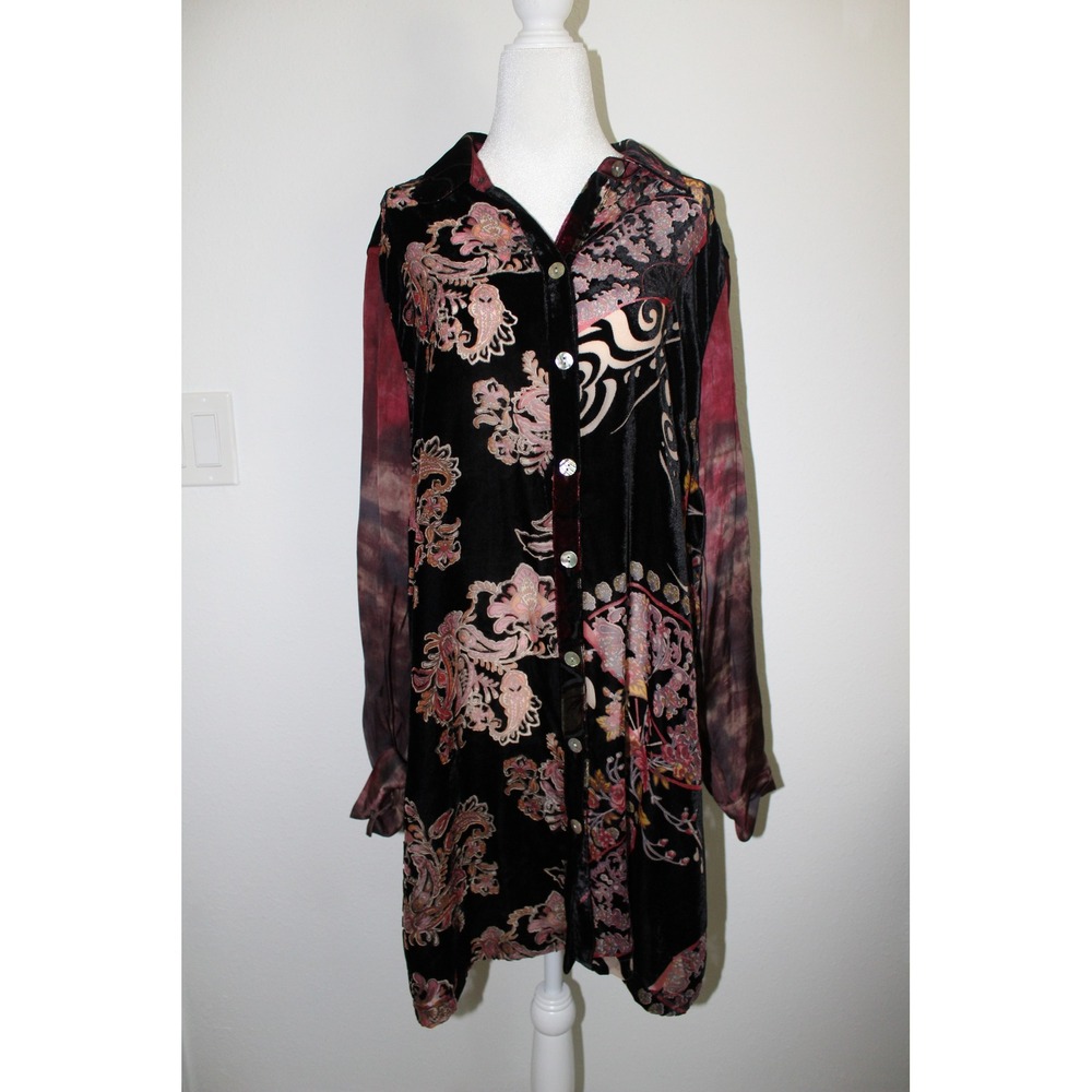 John Mark Women's Velvet Burnout Mixed Media Paisley Floral Tunic Shirt L